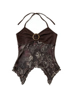 Brown paisley halter top with an O ring and handkerchief hem