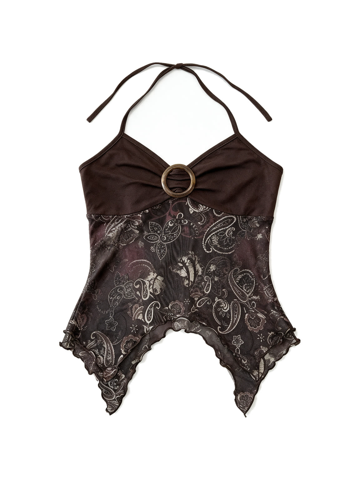 Brown paisley halter top with an O ring and handkerchief hem