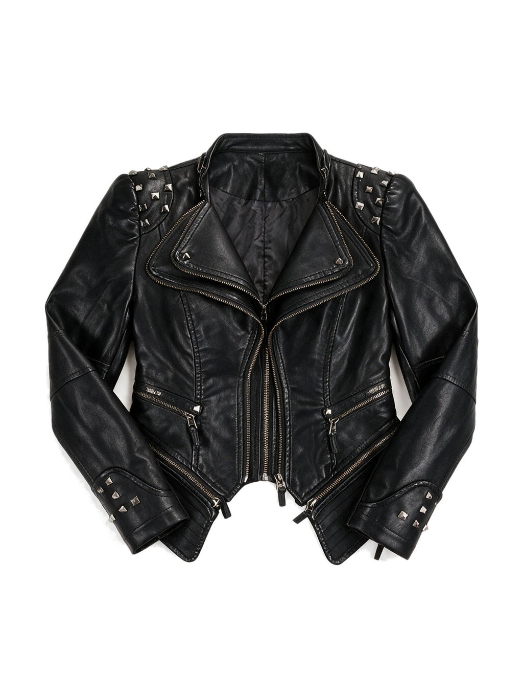 Cropped black leather moto jacket with studded shoulders