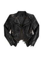 Cropped black leather moto jacket with studded shoulders