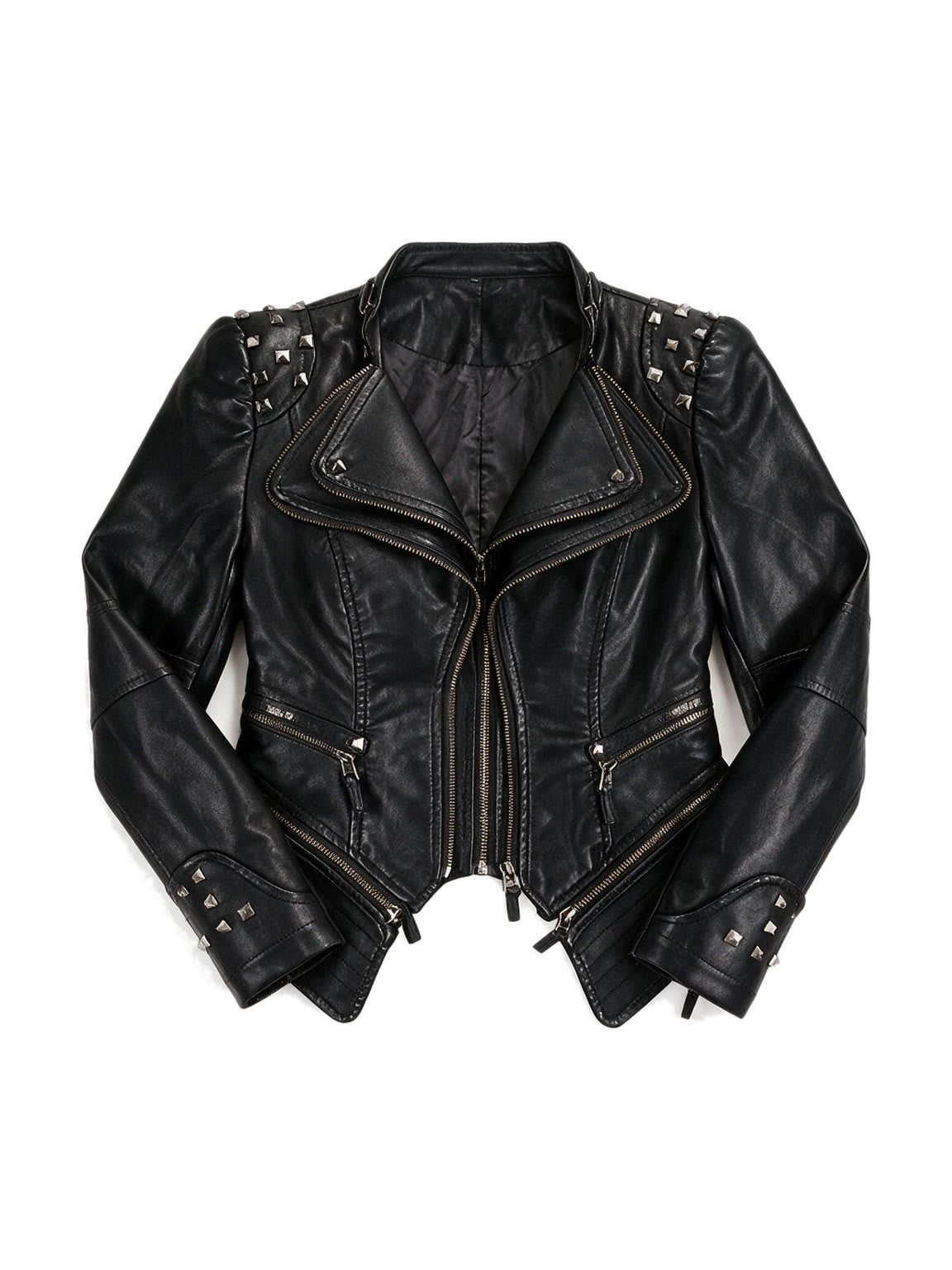 Cropped black leather moto jacket with studded shoulders