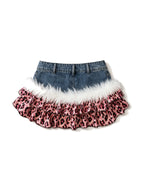 Denim mini skirt with white fur and pink leopard ruffle trim