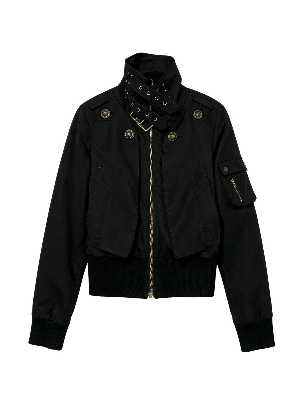 Cropped black bomber jacket with a studded buckled collar