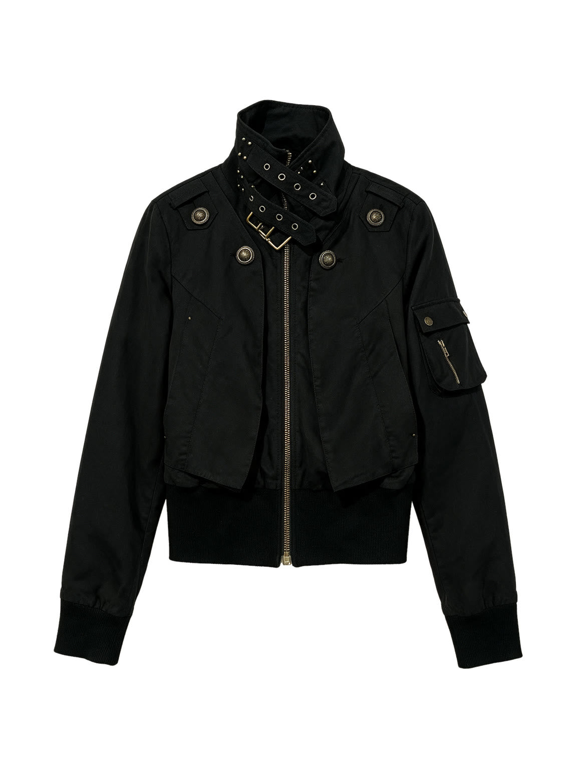 Cropped black bomber jacket with a studded buckled collar