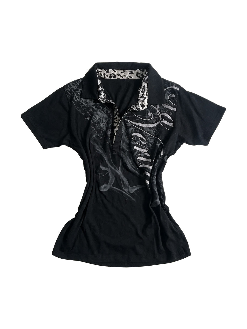 Black polo tee with gothic script print