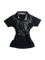 Black polo tee with gothic script print