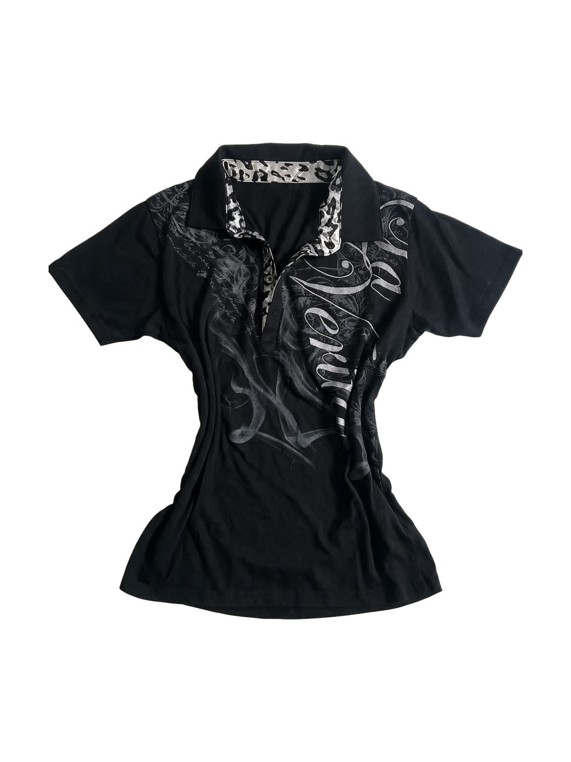 Black polo tee with gothic script print