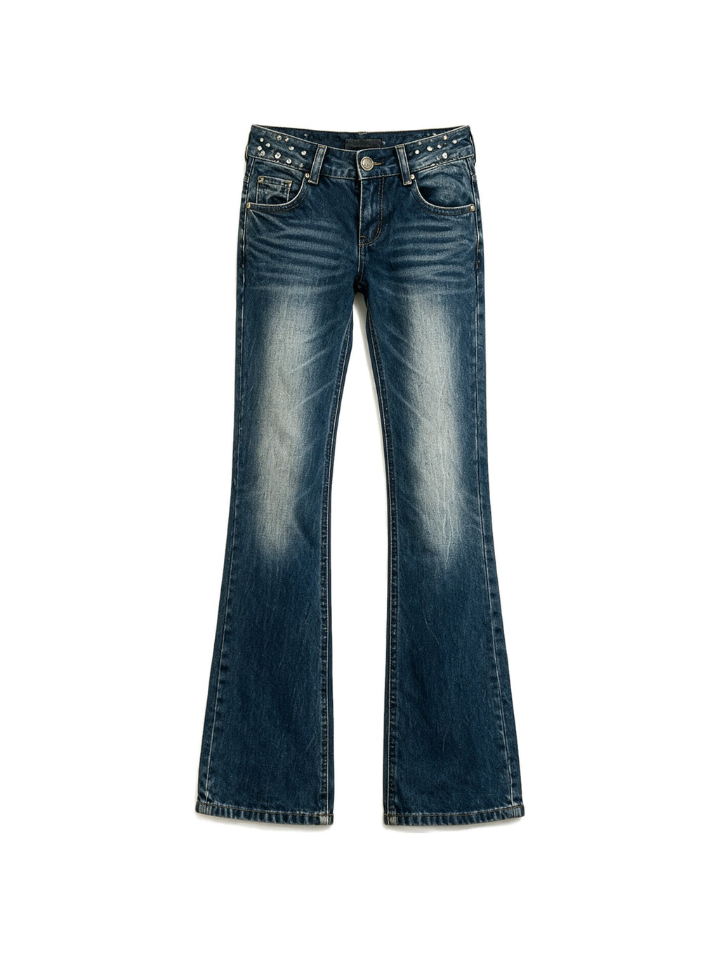Blue bootcut jeans with crystal set back pockets