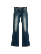 Blue bootcut jeans with crystal set back pockets