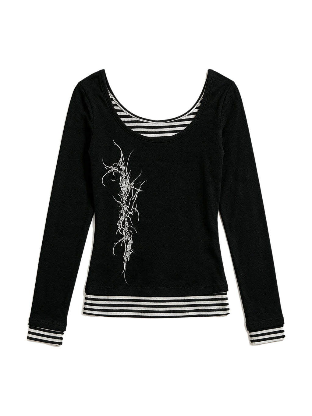 Black long sleeve top with false striped layer and tattoo print