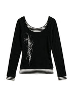 Black long sleeve top with false striped layer and tattoo print