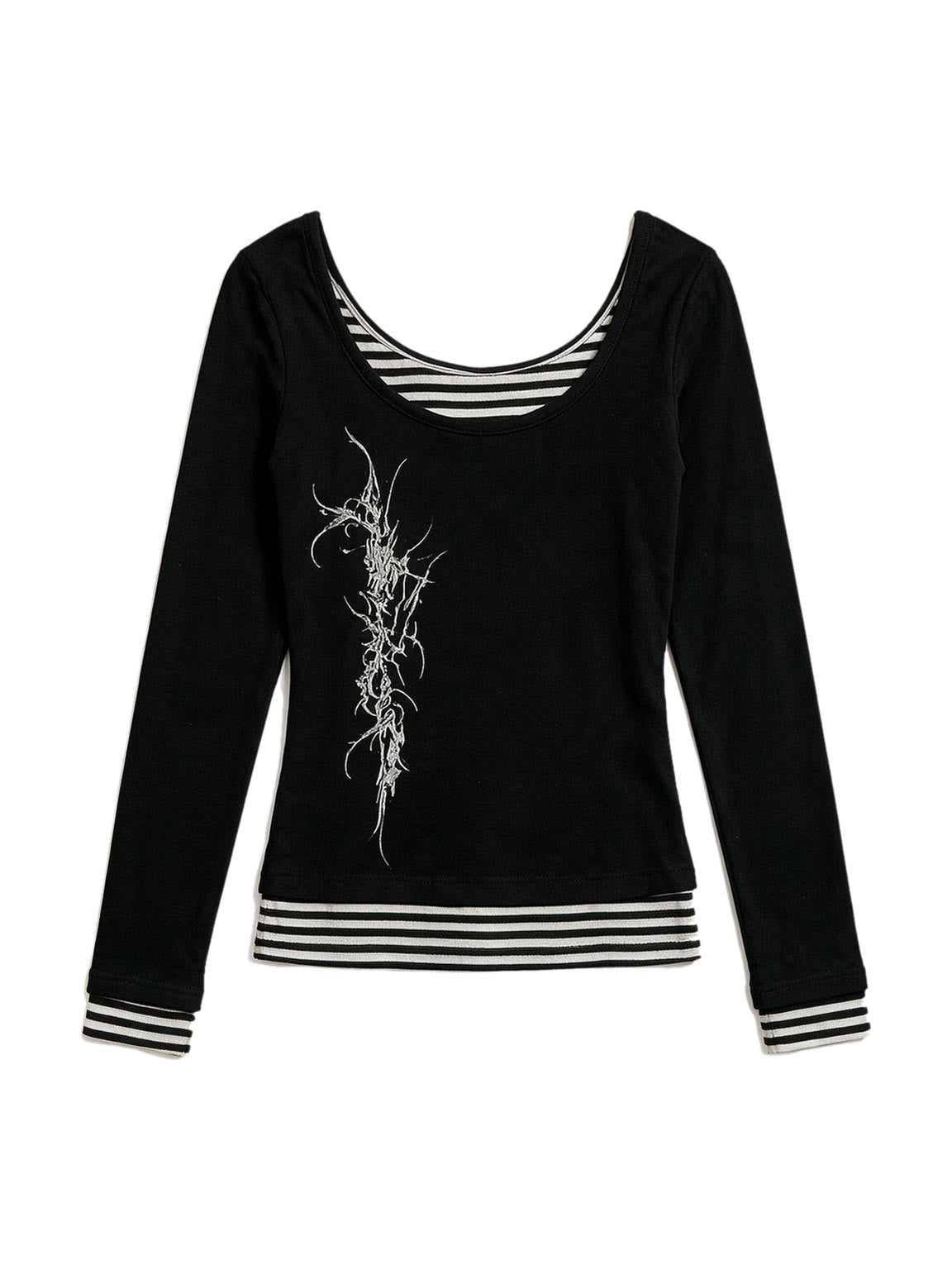 Black long sleeve top with false striped layer and tattoo print