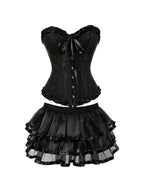 Black brocade corset with a layered satin tutu skirt