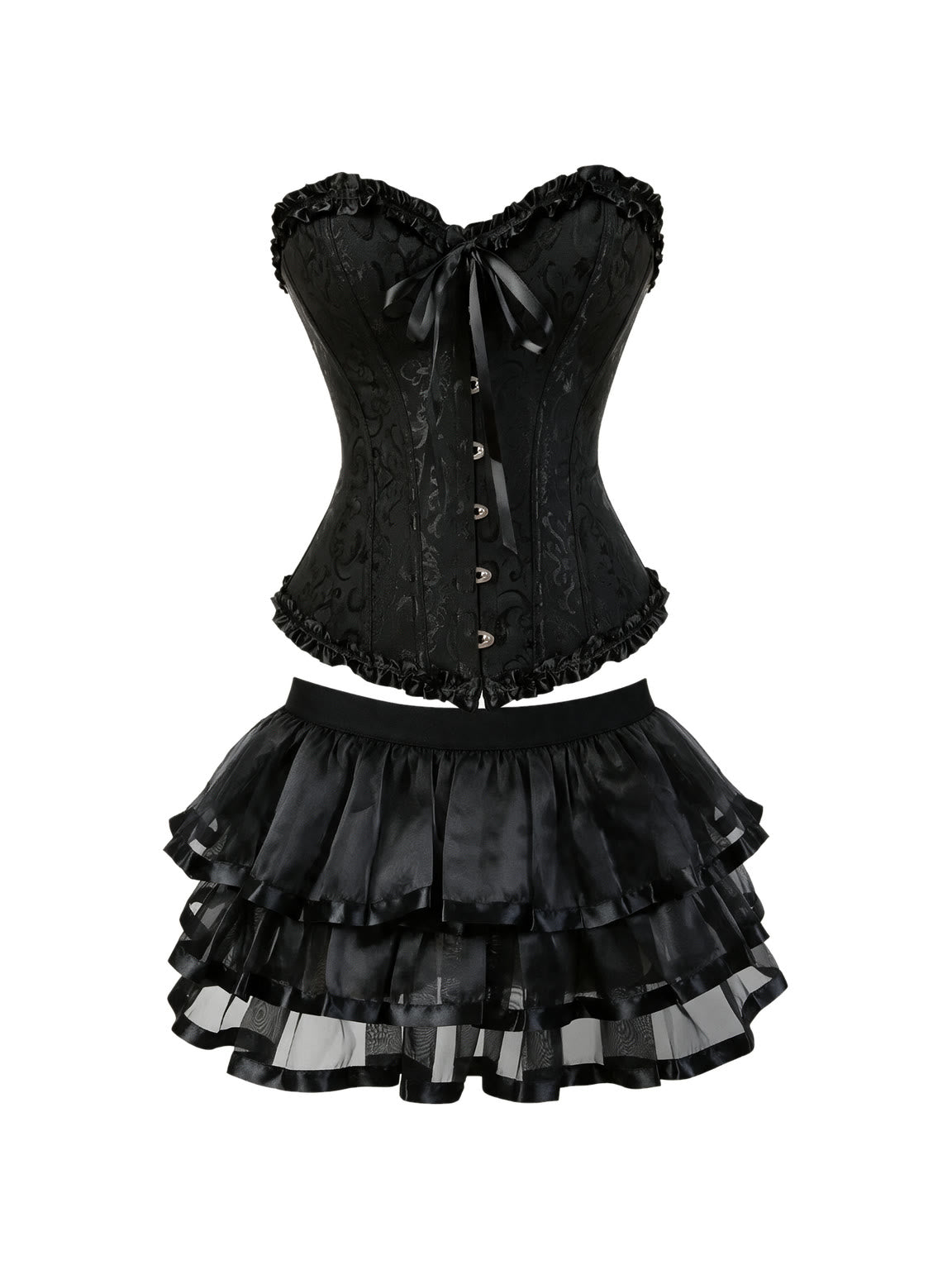 Black brocade corset with a layered satin tutu skirt