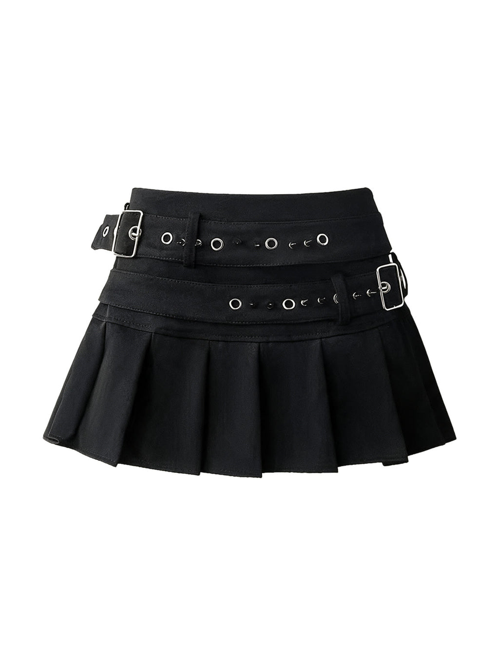 Black pleated mini skirt with two buckled eyelet belts