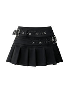Black pleated mini skirt with two buckled eyelet belts