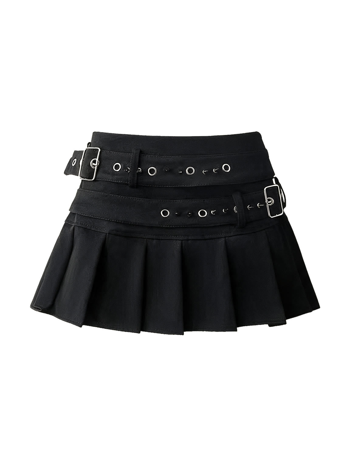 Black pleated mini skirt with two buckled eyelet belts