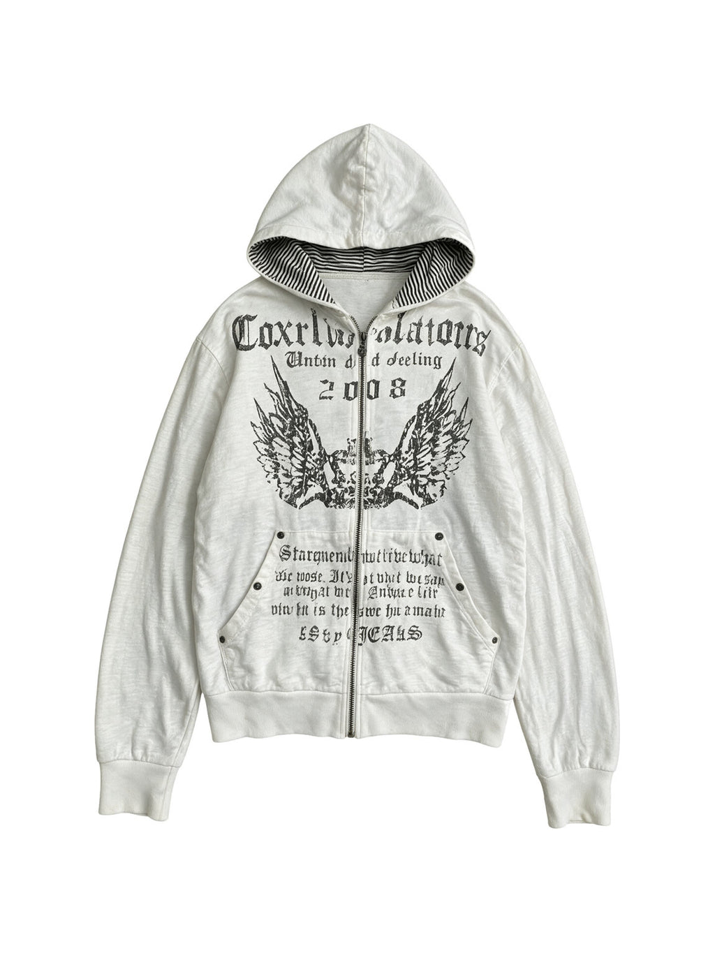 White zip hoodie with winged gothic print