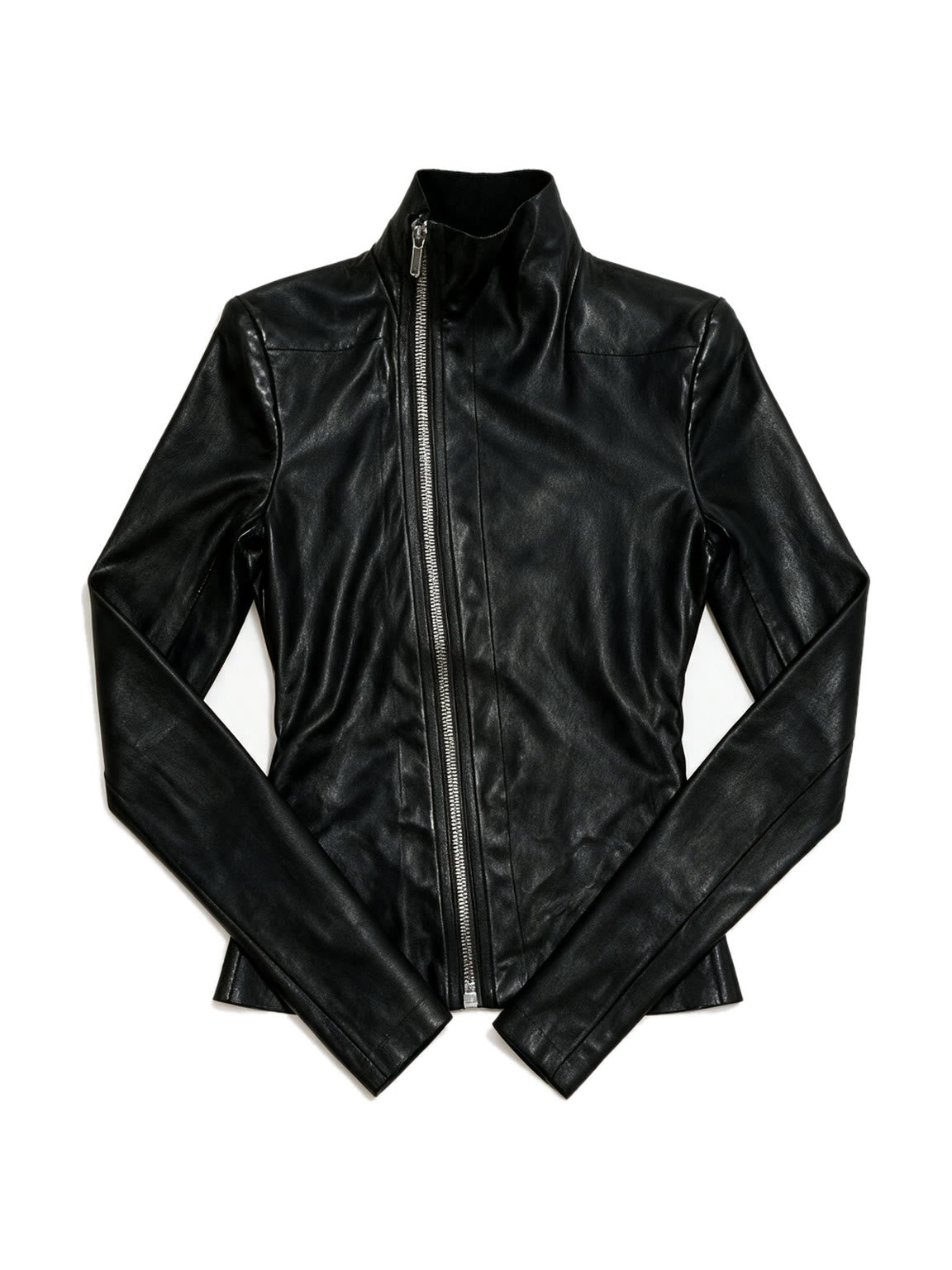 Black leather jacket with a diagonal asymmetric zip