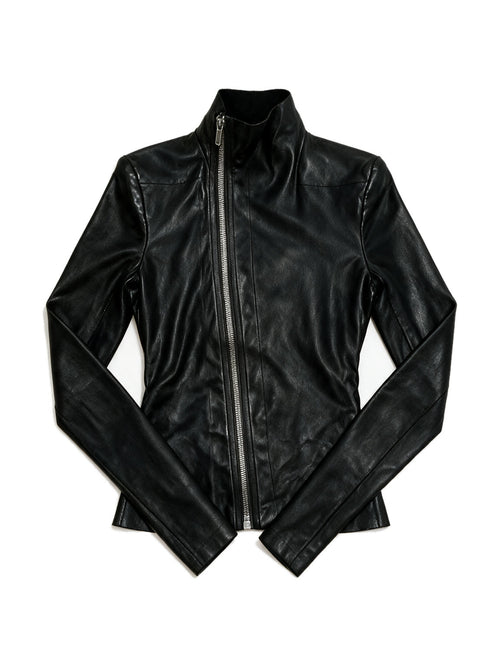 Black leather jacket with a diagonal asymmetric zip