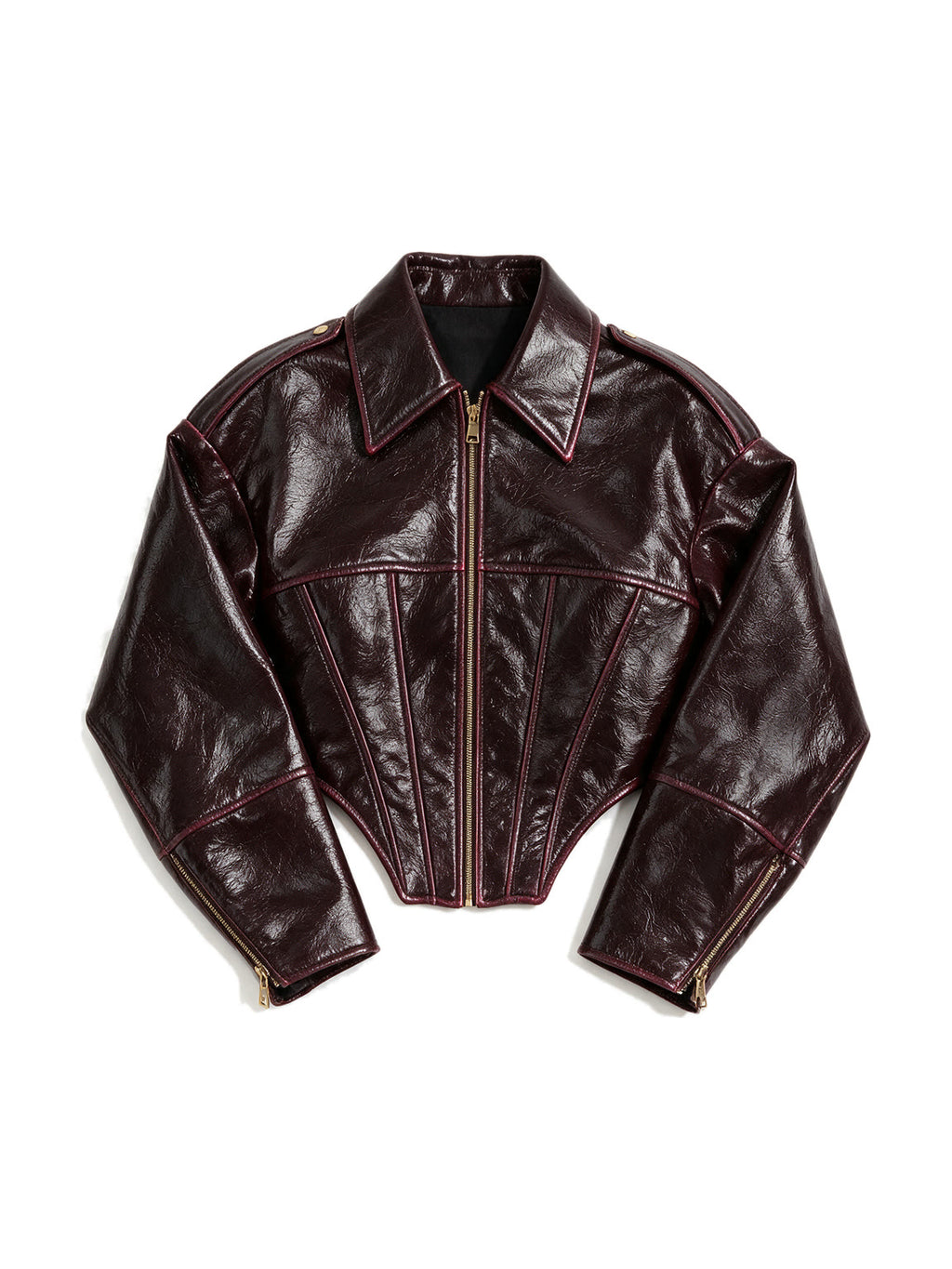 Oxblood red leather jacket with a wide lapel collar