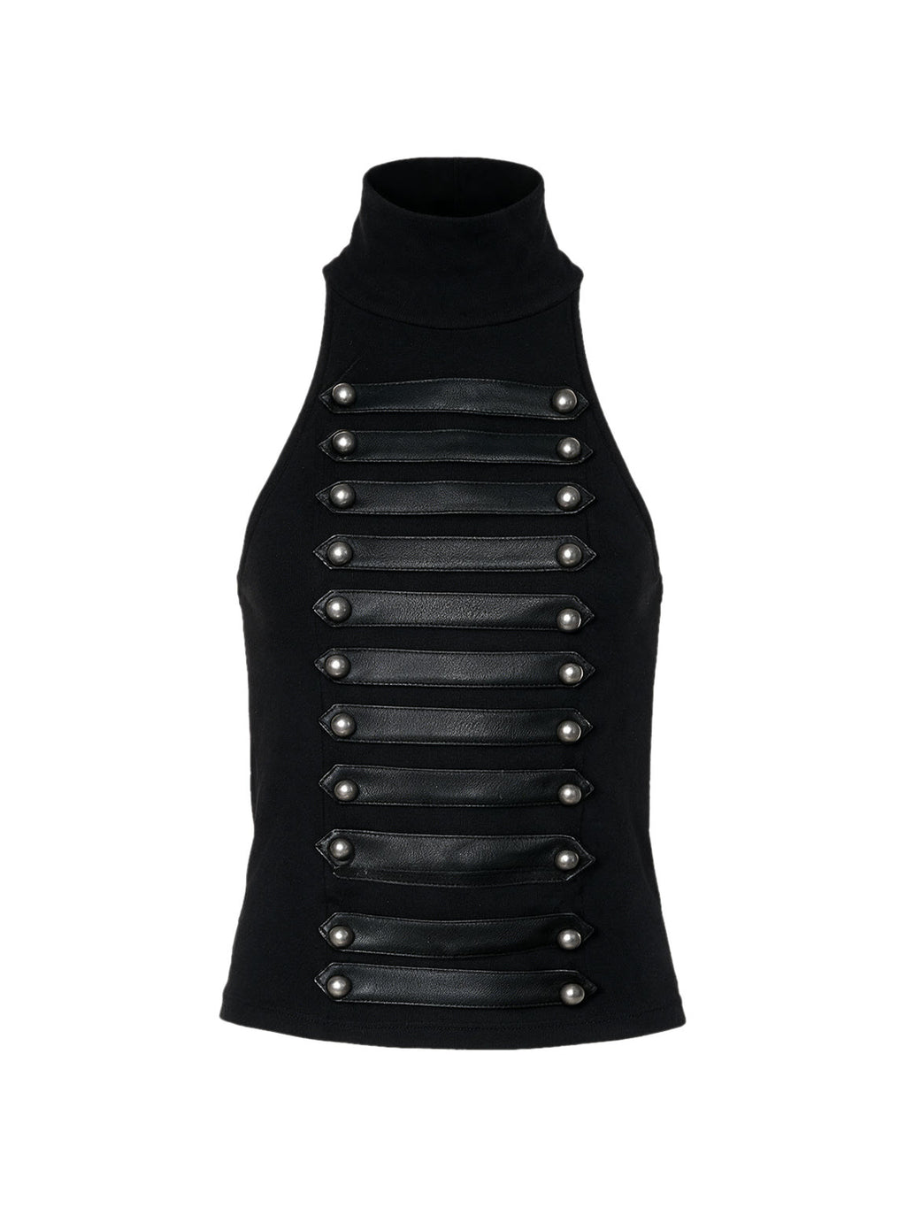 Black sleeveless high neck top with leather banding and studs