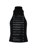 Black sleeveless high neck top with leather banding and studs