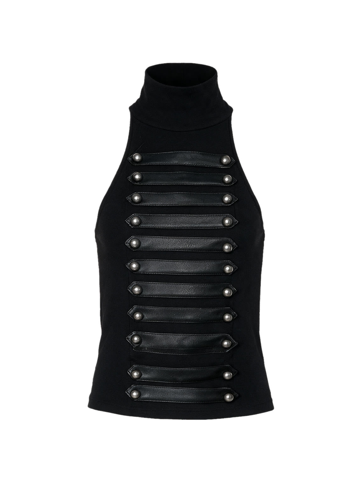 Black sleeveless high neck top with leather banding and studs