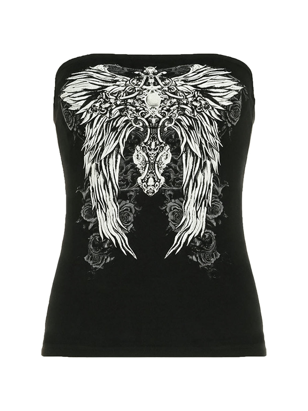 Black strapless tube top with a winged print
