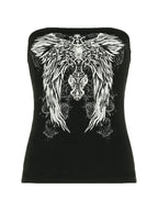 Black strapless tube top with a winged print