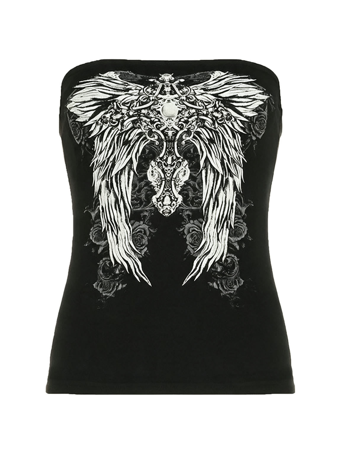 Black strapless tube top with a winged print