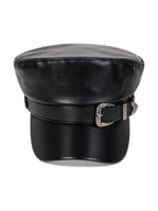 Black leather baker boy cap with a silver buckle band