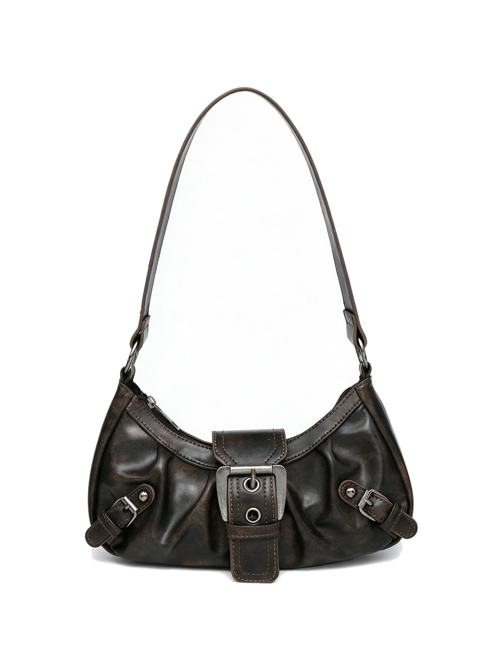 Pleated black leather baguette bag with a centre buckle