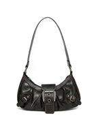 Pleated black leather baguette bag with a centre buckle