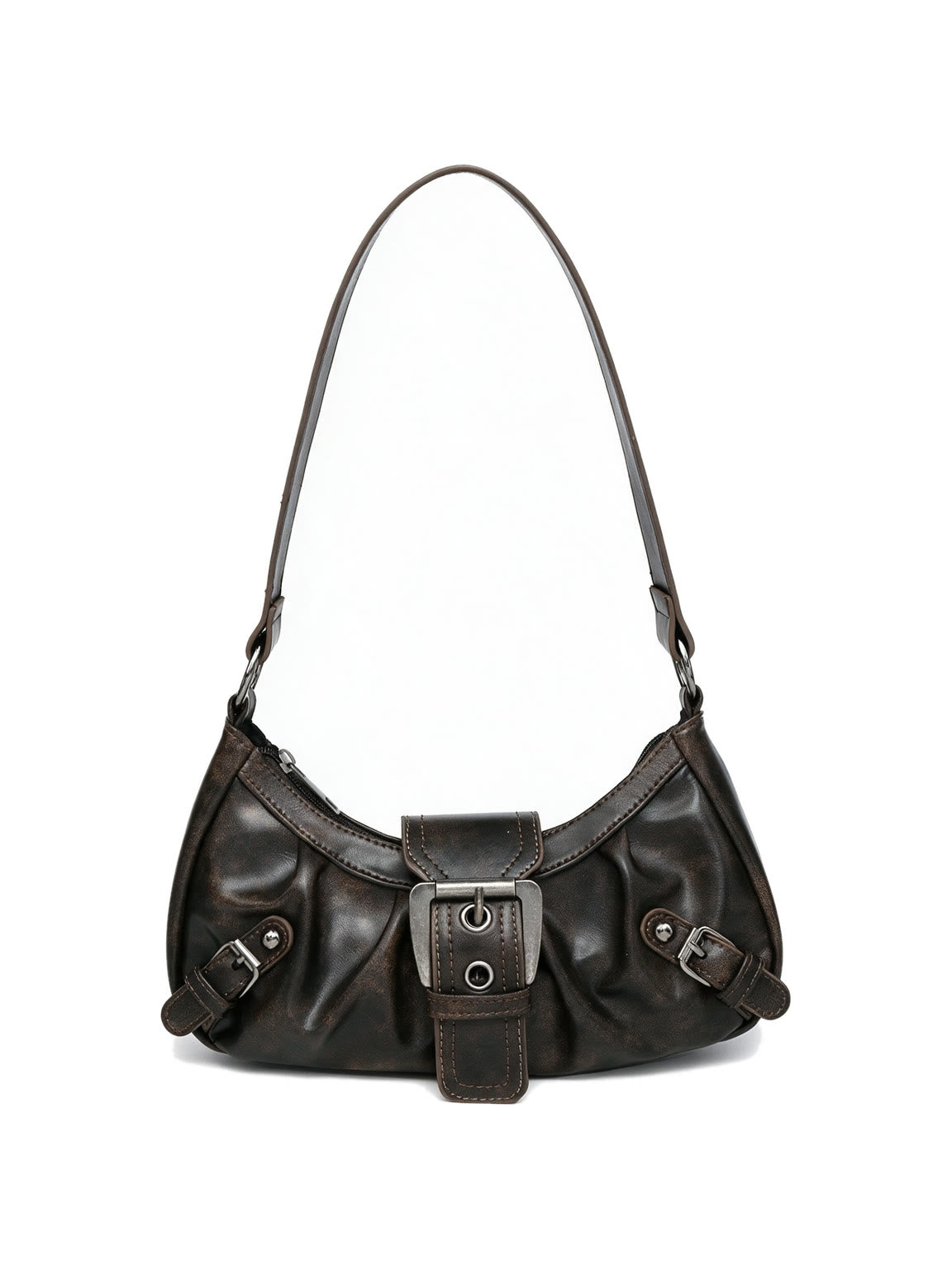 Pleated black leather baguette bag with a centre buckle
