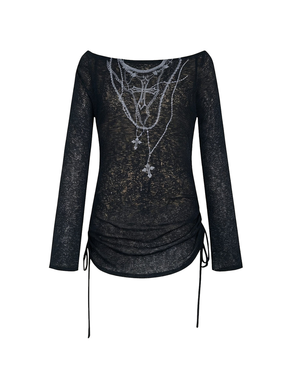 Sheer black long sleeve top with tattoo style print and side ties