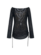 Sheer black long sleeve top with tattoo style print and side ties