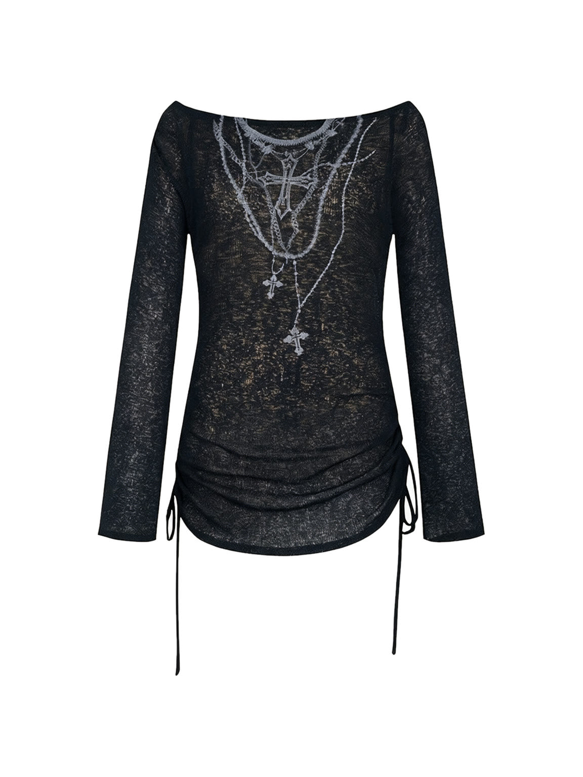 Sheer black long sleeve top with tattoo style print and side ties