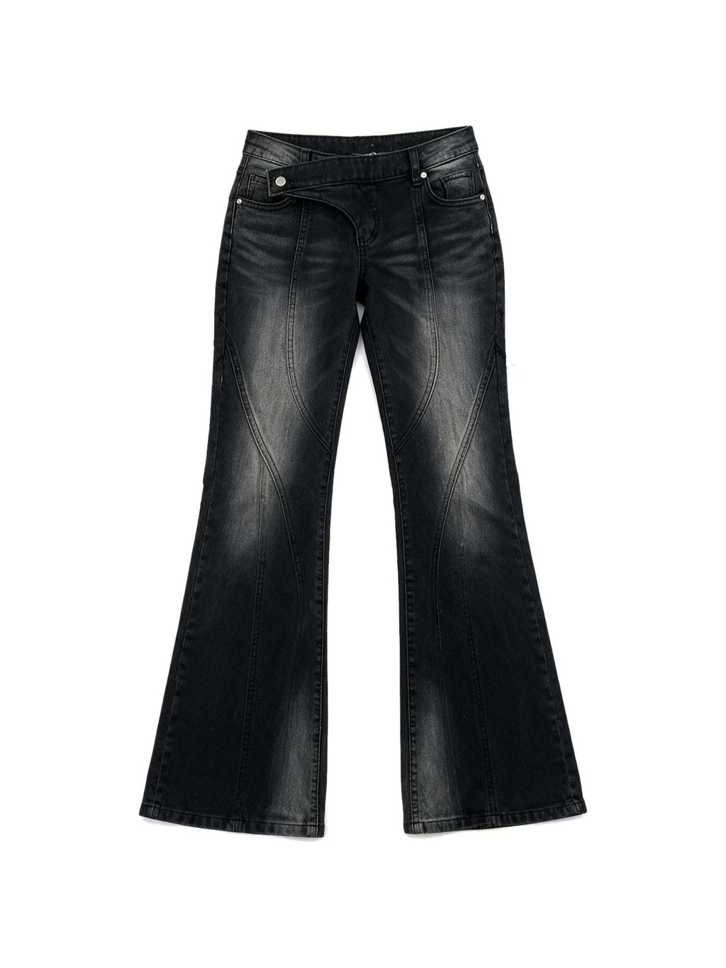 Washed black flare jeans with an asymmetric waistband