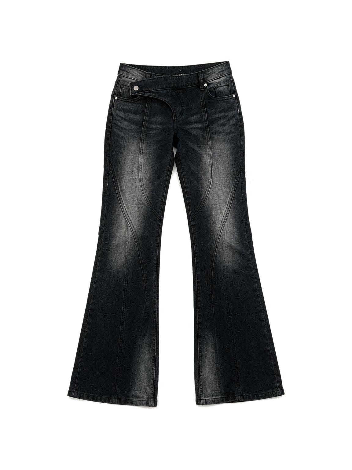 Washed black flare jeans with an asymmetric waistband