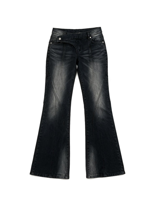 Washed black flare jeans with an asymmetric waistband