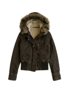Brown cropped aviator jacket with a faux fur hood