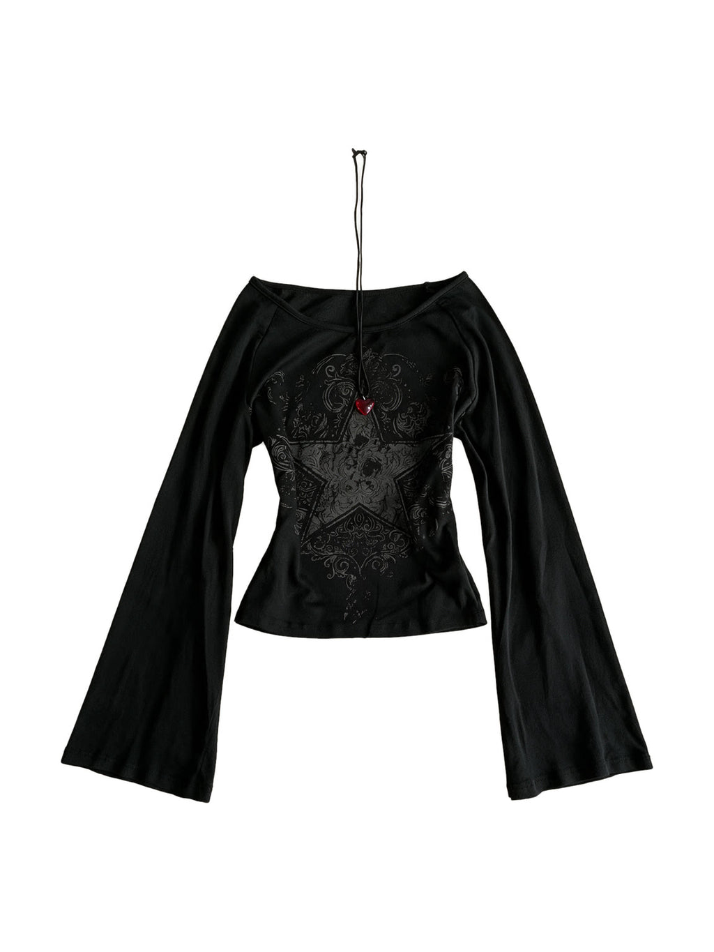 Black off shoulder top with lace panel and flared sleeves