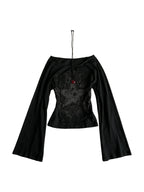 Black off shoulder top with lace panel and flared sleeves