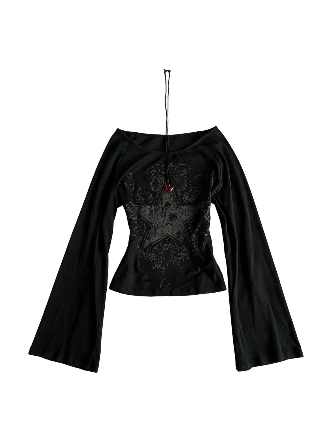 Black off shoulder top with lace panel and flared sleeves