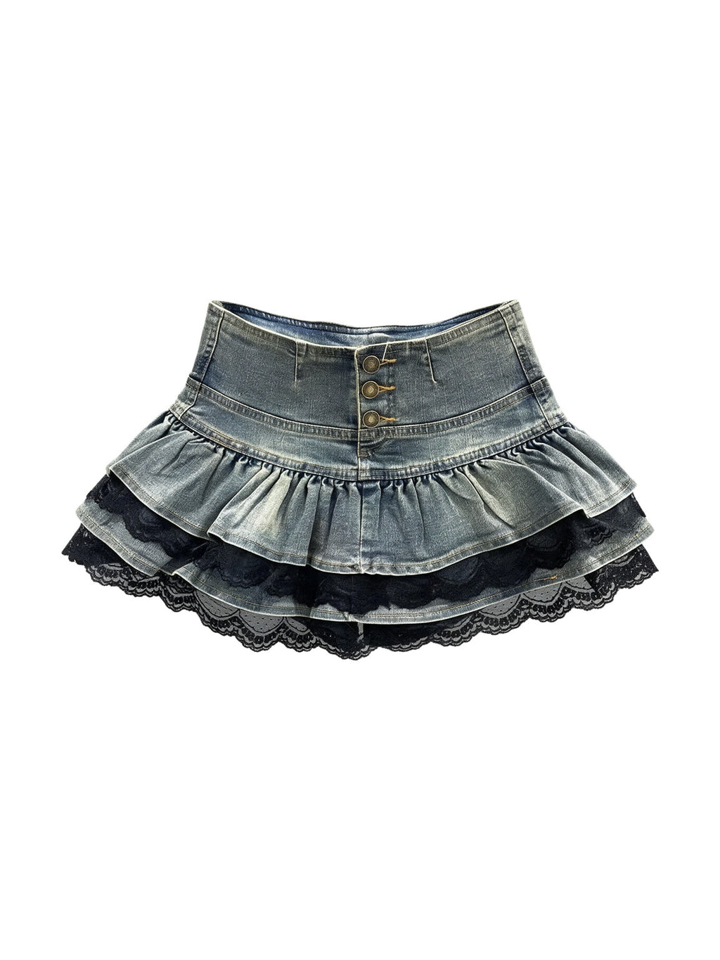 Washed denim tiered mini skirt with black lace trim