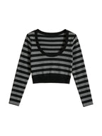 Grey and black striped cropped long sleeve top