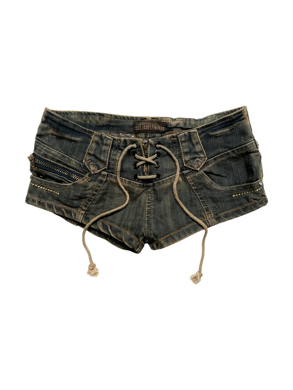 Distressed washed denim micro shorts with a lace up front