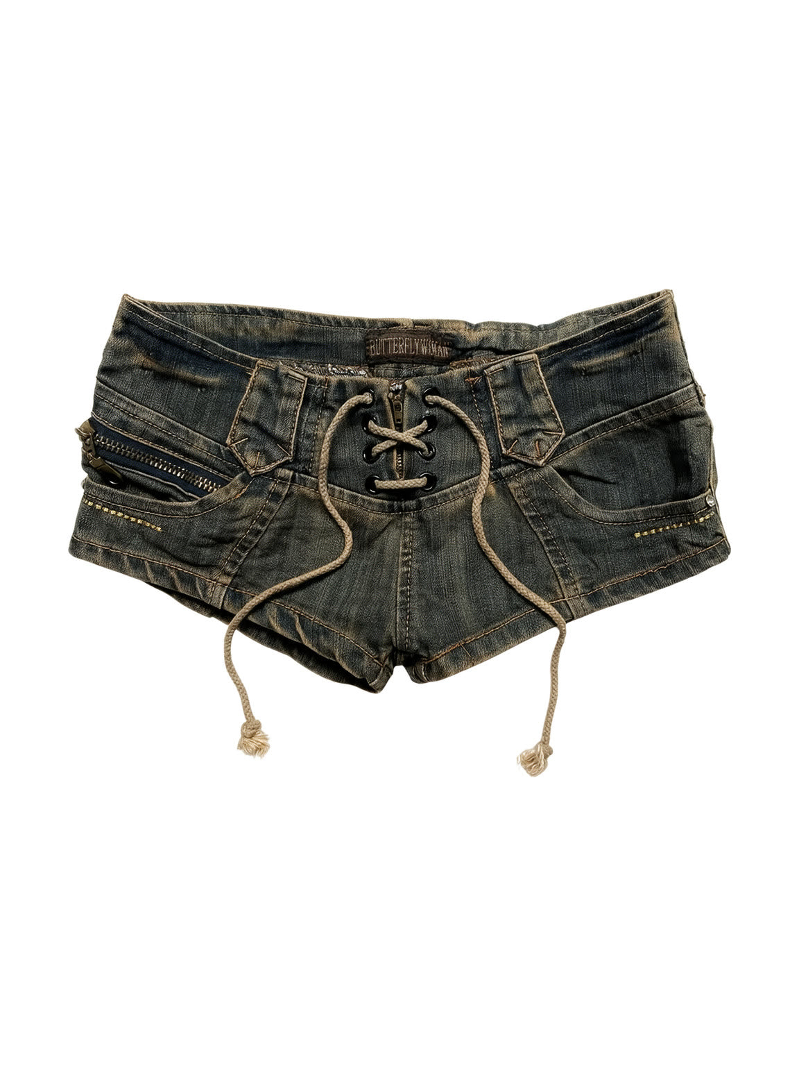 Distressed washed denim micro shorts with a lace up front