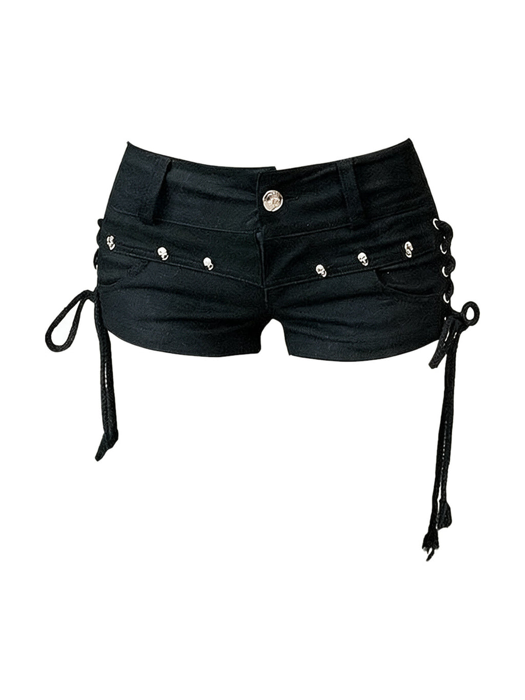 Black denim shorts with side lacing and skull studs
